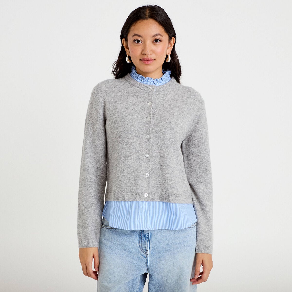 Gilet 2-en-1 col chemise manches longues gris clair femme