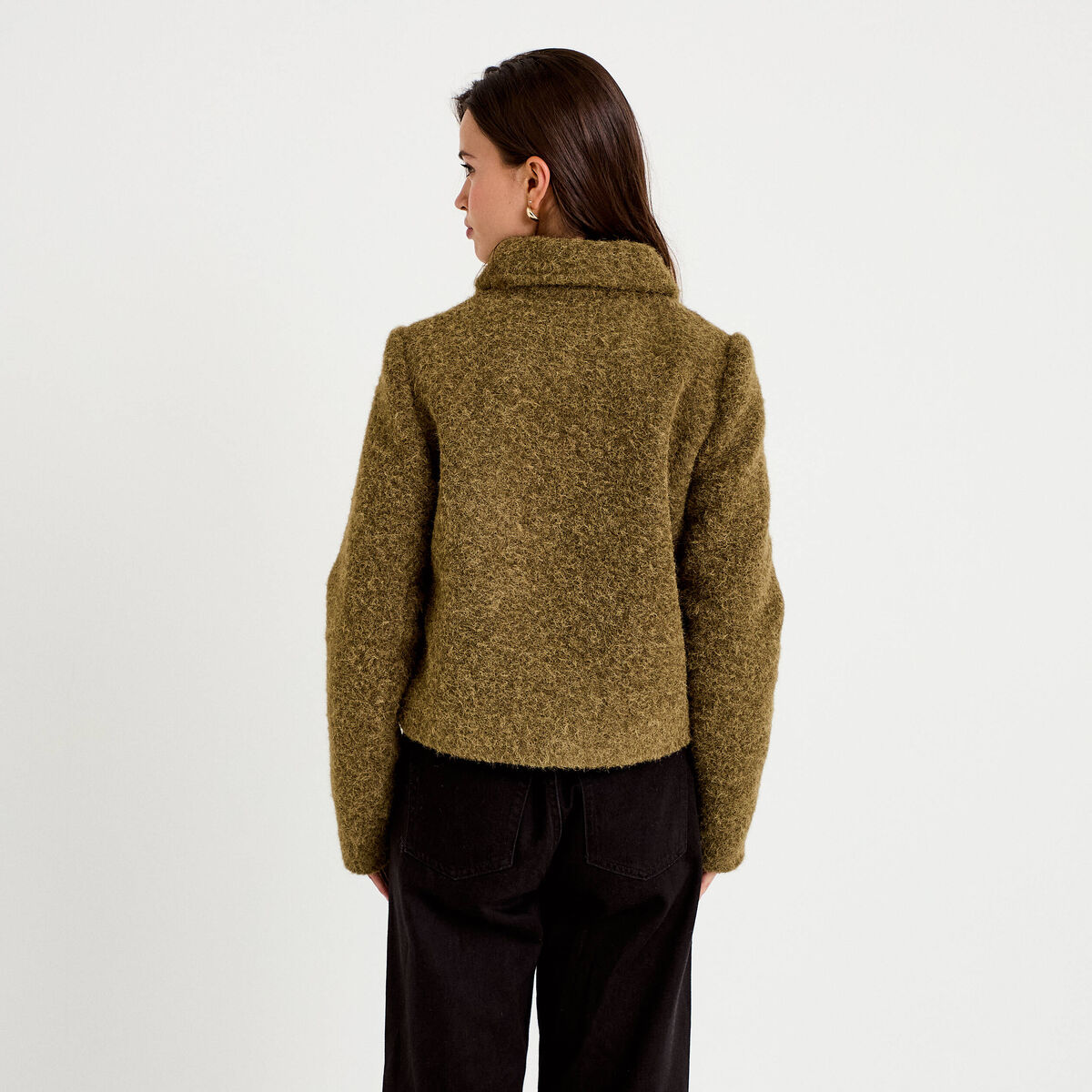 Veste droite bouclette col classique vert kaki femme