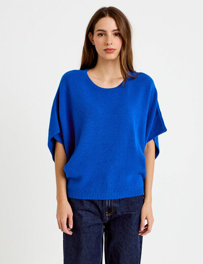 Pull oversize col rond manches courtes bleu electrique femme