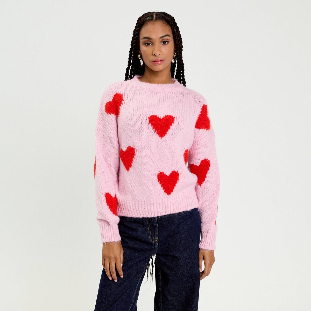 Pull oversize motif coeurs rose clair femme