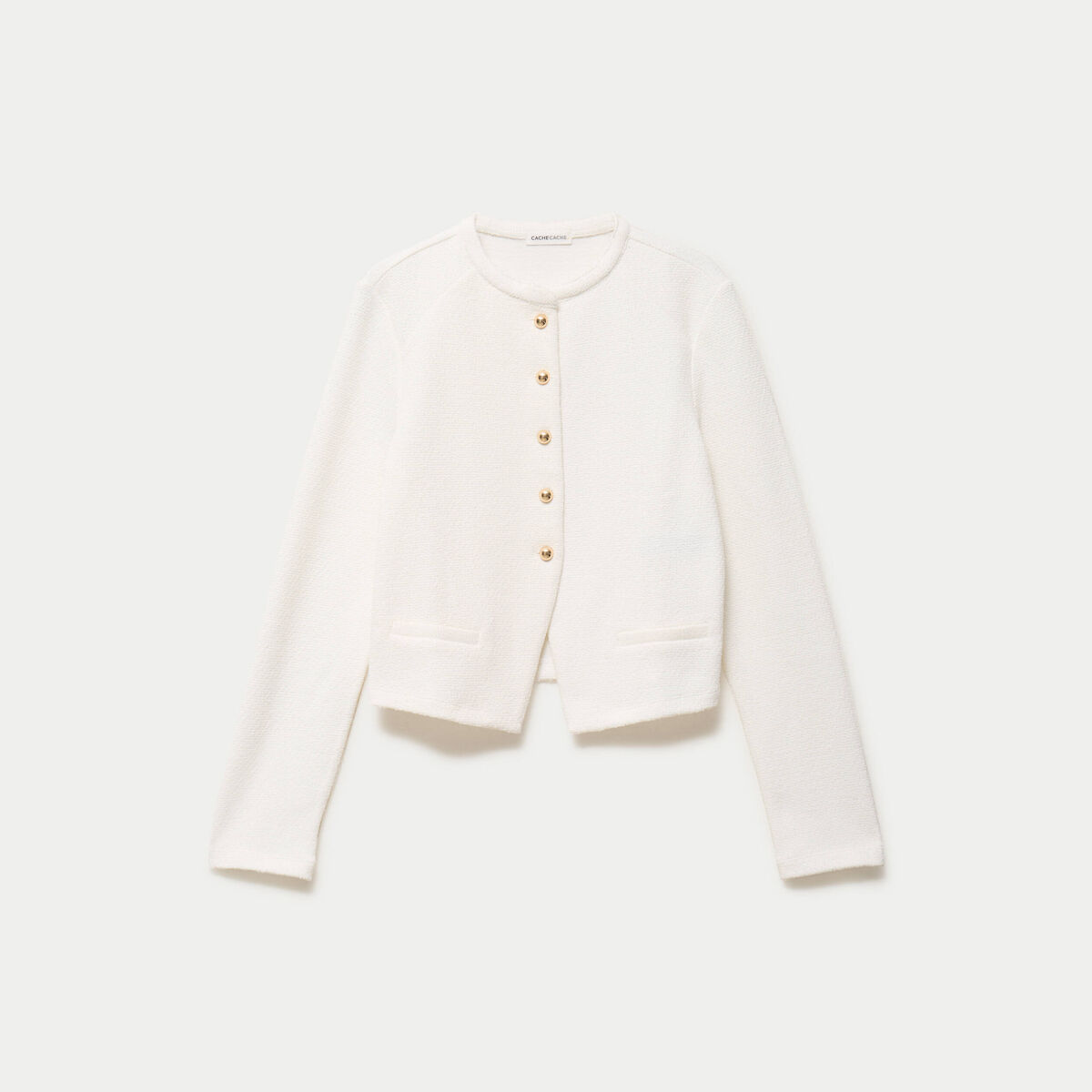 Veste tweed droite cropped col rond ecru femme