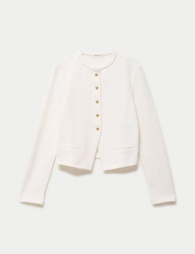 Veste tweed droite cropped col rond ecru femme