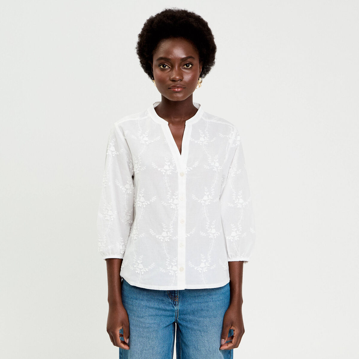 Blouse brod&eacute;e col mao manches 3/4 ecru femme