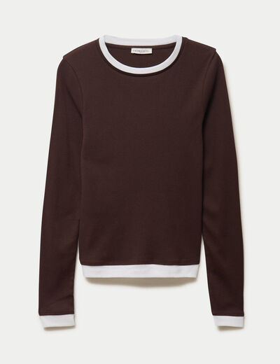 T-shirt 2-en-1 col rond manches longues marron fonc&eacute; femme