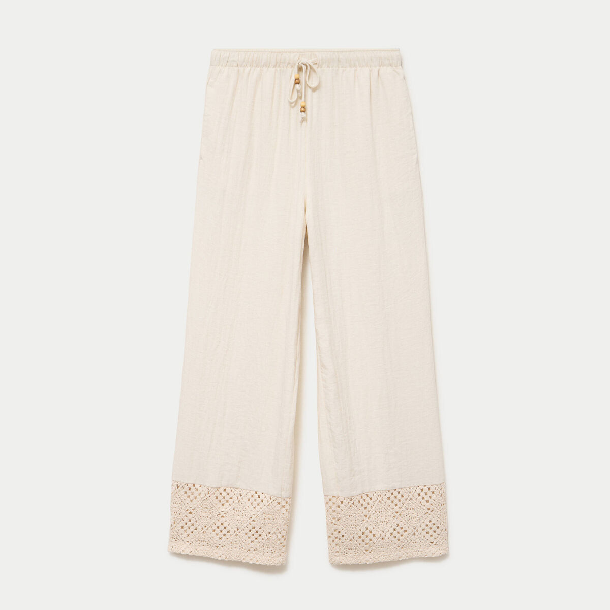 Pantalon large bi-mati&egrave;re pliss&eacute; ecru femme