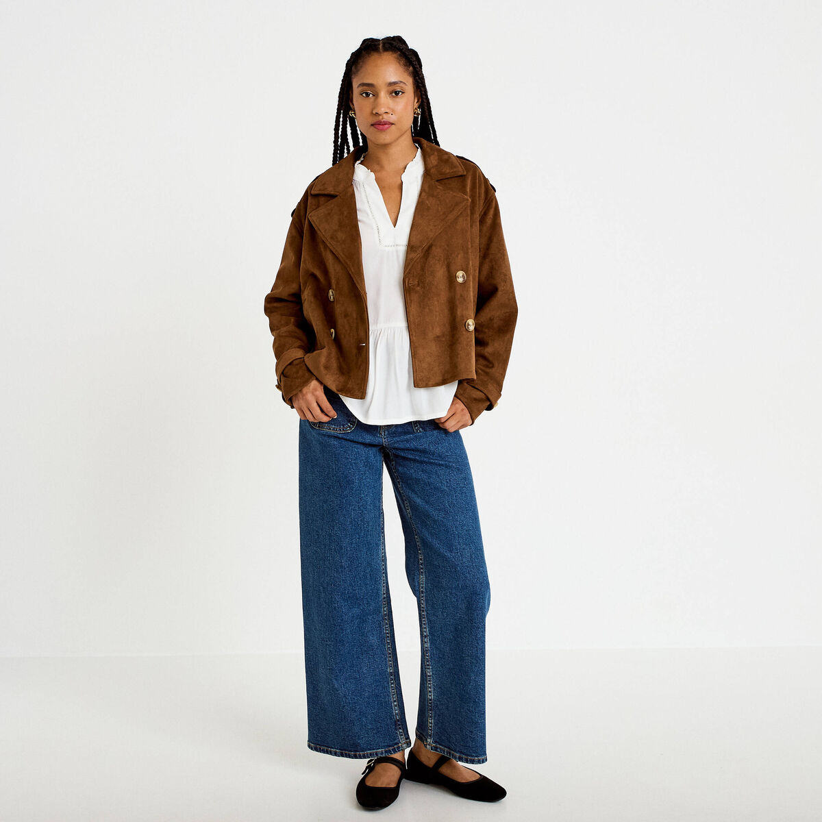 Blouse col v manches longues ecru femme