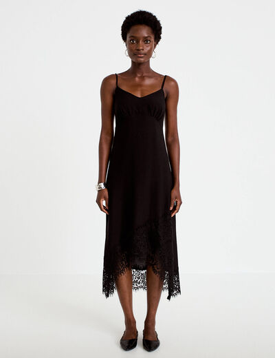 Robe droite col v en dentelle noir femme