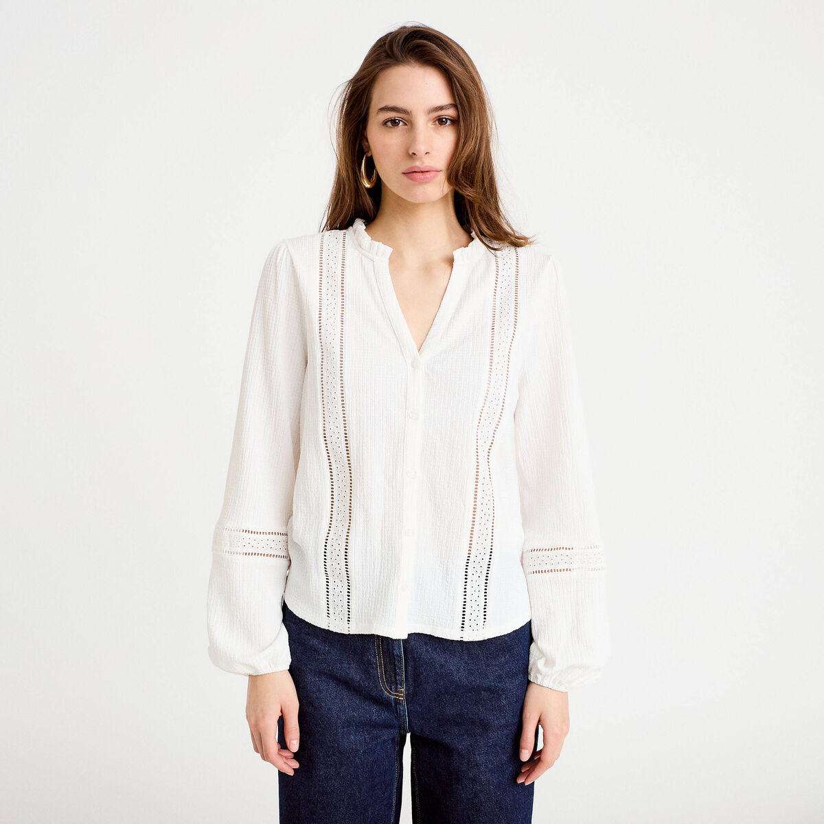 Blouse broderie col V manches longues ecru femme