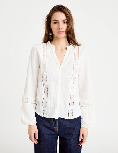 Blouse broderie col V manches longues ecru femme