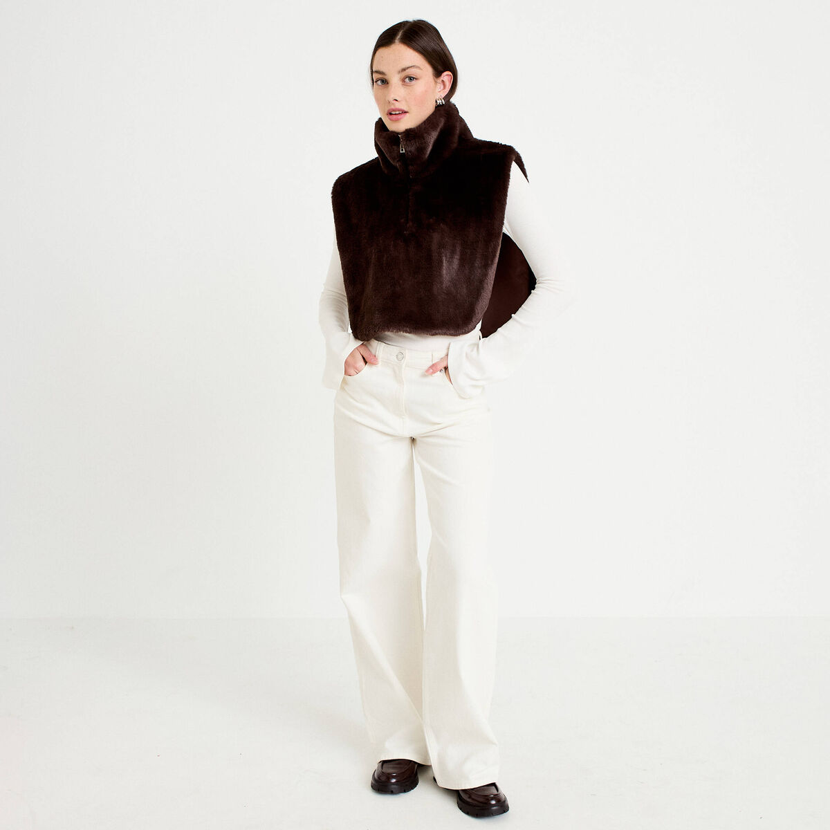 Cache-cou en fausse fourrure marron fonc&eacute; femme