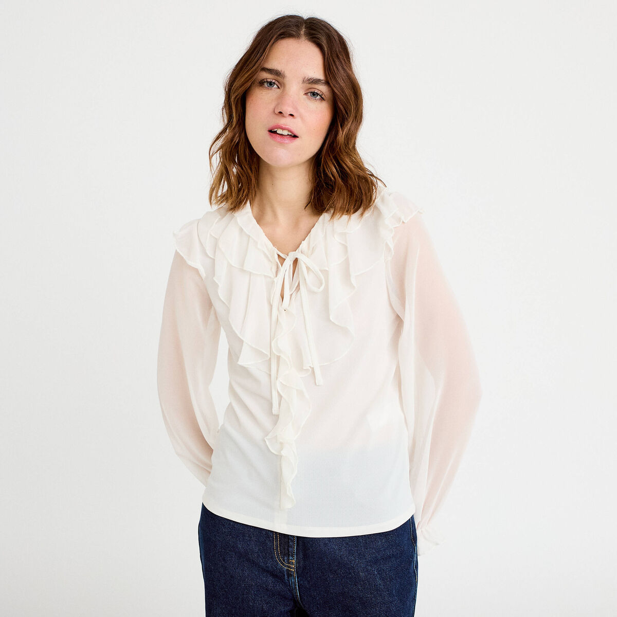 Blouse col v manches longues ecru femme