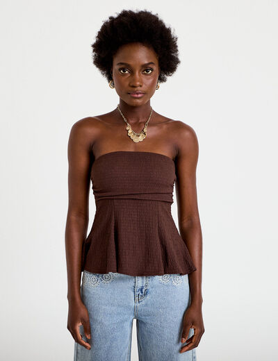Bustier p&eacute;plum ajust&eacute; cropped pliss&eacute; marron fonc&eacute; femme