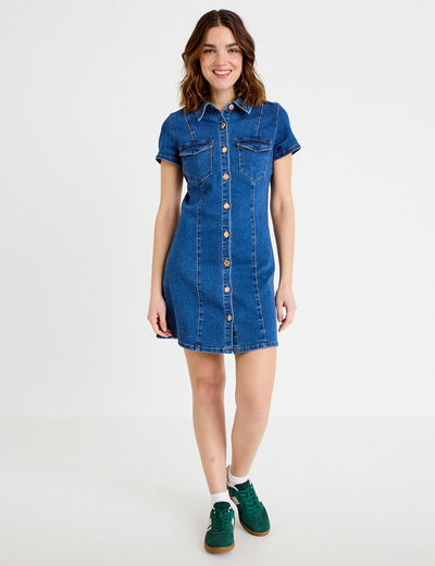 Robe trap&egrave;ze courte en jean col chemise denim double stone femme