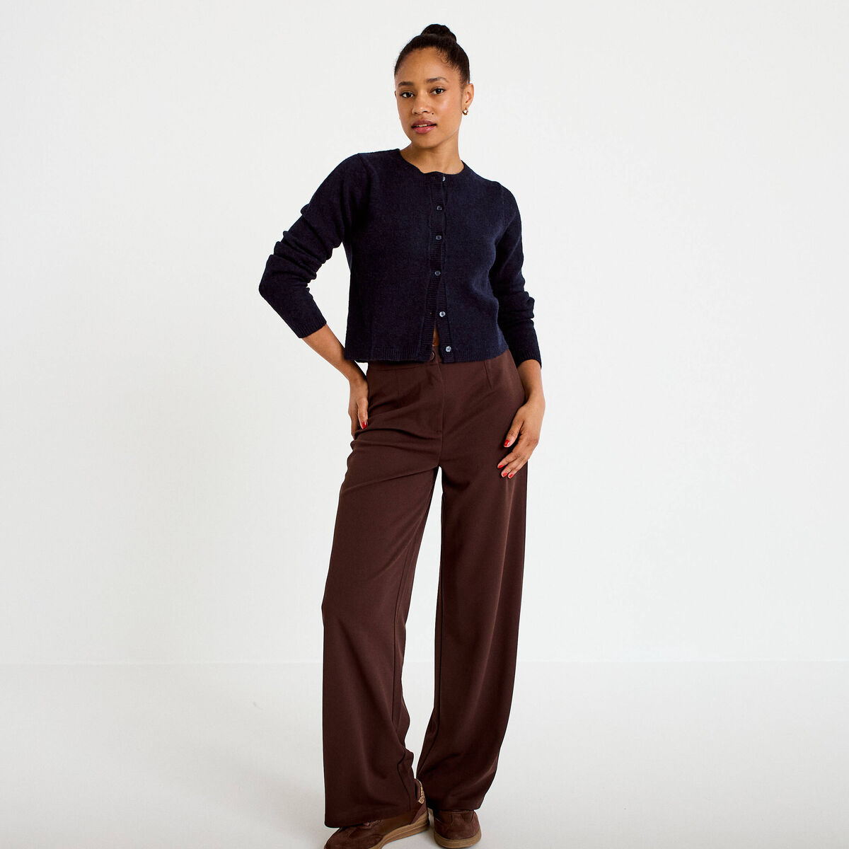 Gilet boutonn&eacute; manches longues bleu marine femme