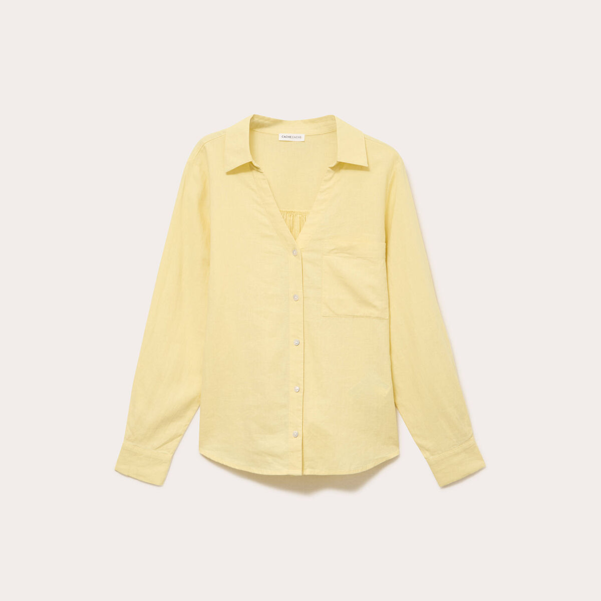 Chemise lin col V manches longues jaune pastel femme