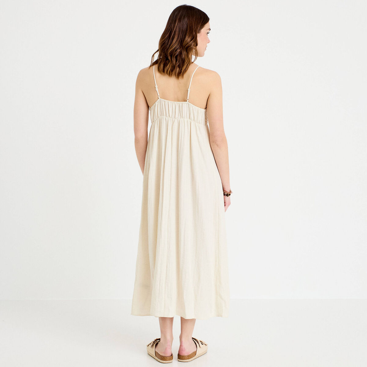 Robe bi-mati&egrave;re col v bretelles fines ecru femme