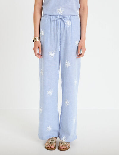 Pantalon large taille haute &agrave; relief blanc femme