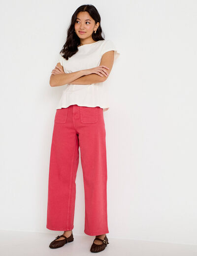 Jean bootcut cropped taille haute rose framboise femme
