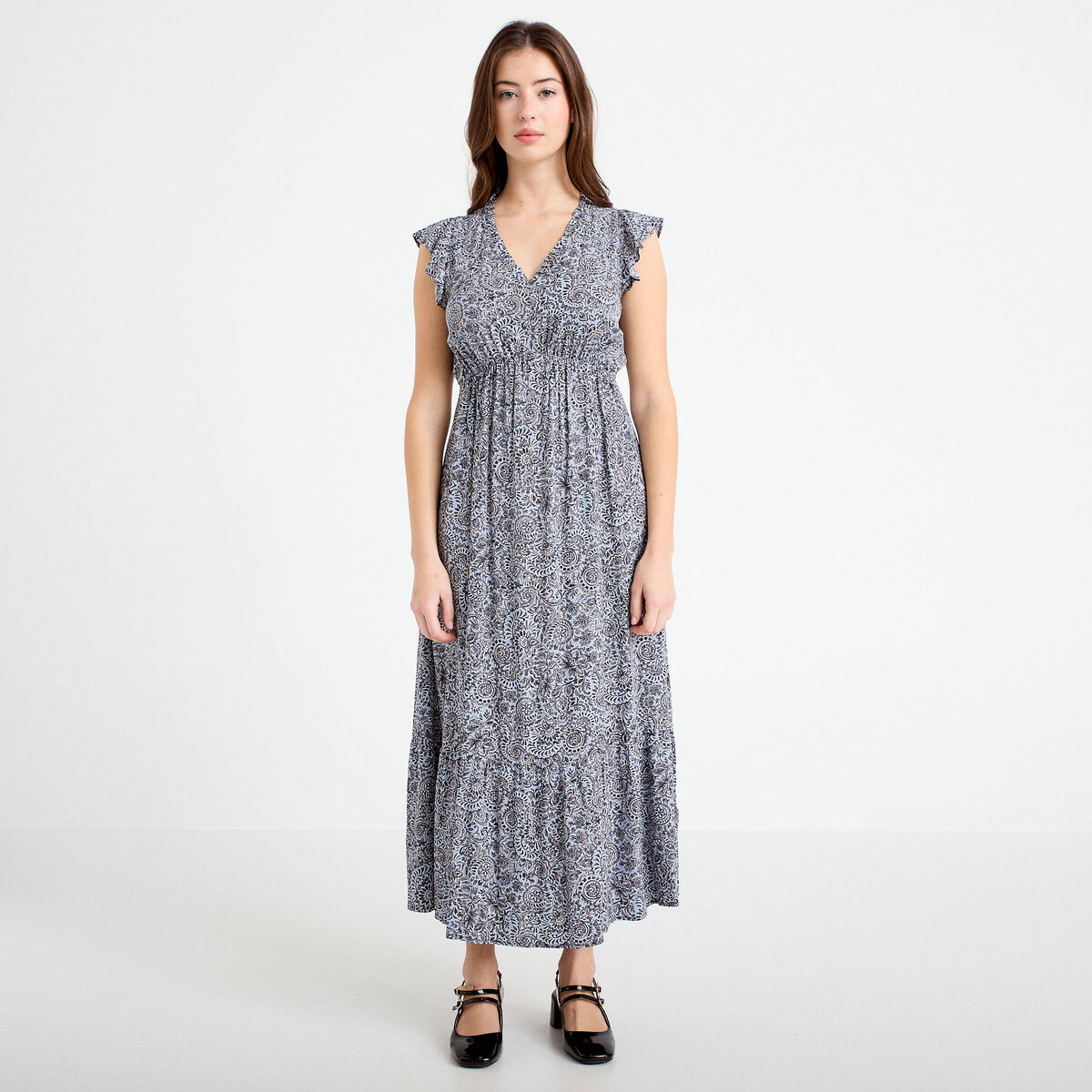 Robe longue &eacute;vas&eacute;e col v manches courtes bleu femme