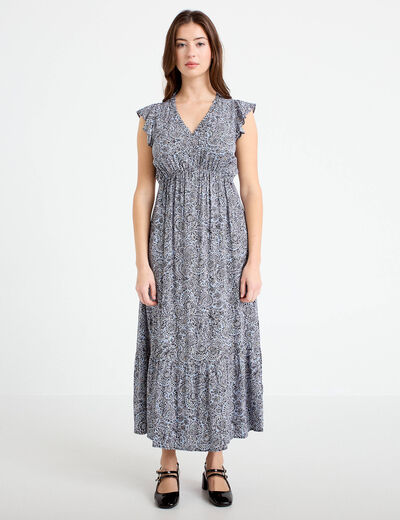 Robe longue &eacute;vas&eacute;e col v manches courtes bleu femme