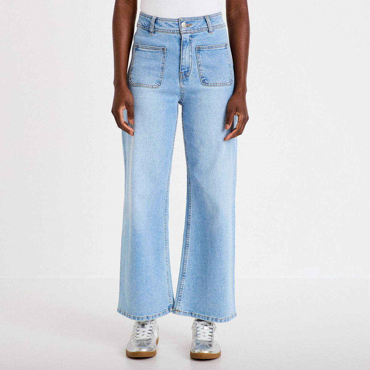 Jean wide leg cropped taille haute denim bleach femme