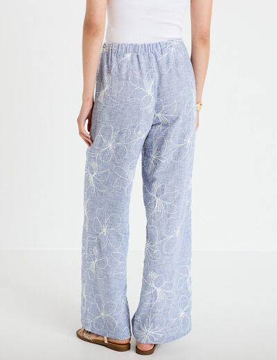 Pantalon large taille haute brod&eacute; bleu clair femme