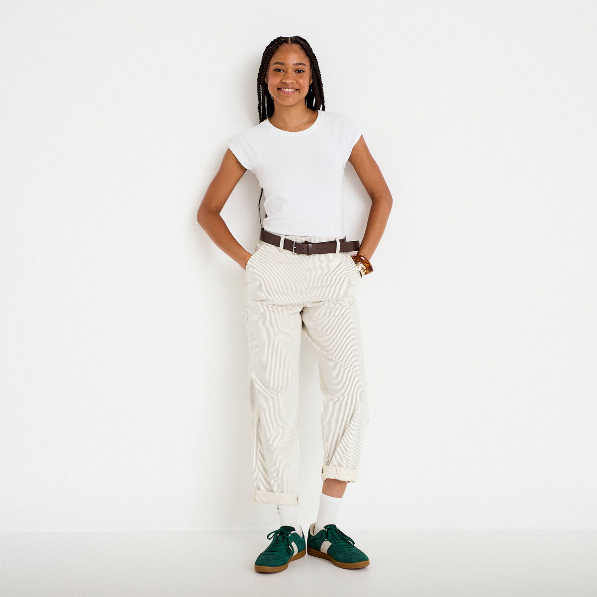 Pantalon chino 7/8&egrave;me taille &eacute;lastiqu&eacute;e blanc femme