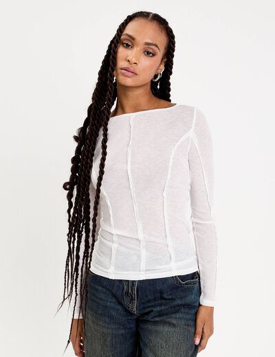 T-shirt cintr&eacute; col rond manches longues blanc femme