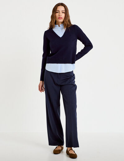 Pantalon large taille haute bleu marine femme