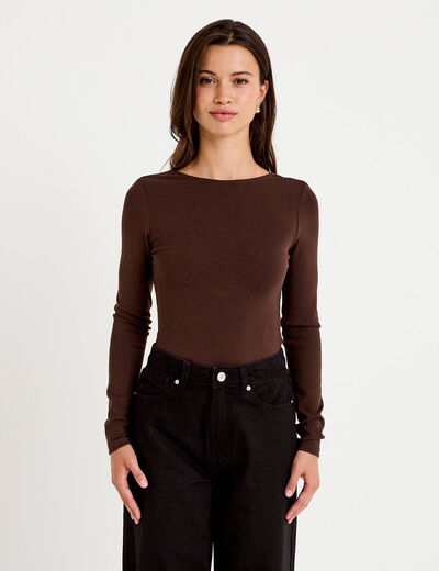 Body cintr&eacute; manches longues bateau marron fonc&eacute; femme