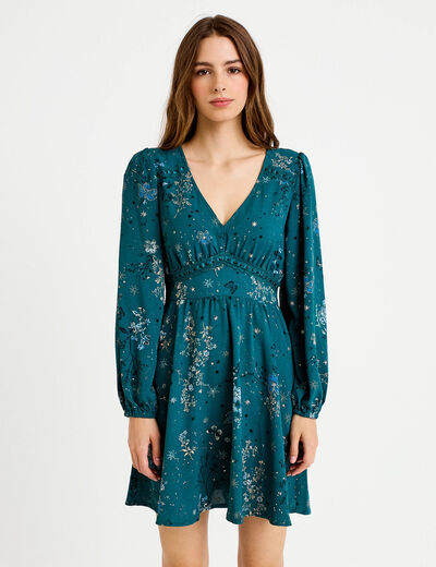 Robe courte &eacute;vas&eacute;e col v manches longues vert femme