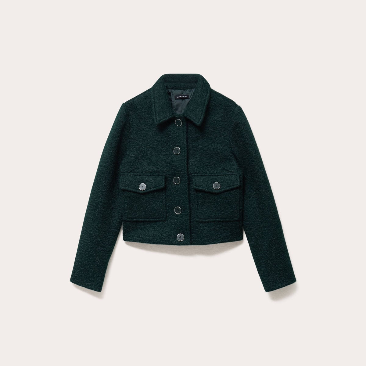 Veste bouclette boutonn&eacute;e vert fonc&eacute; femme