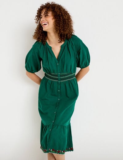 Robe &eacute;vas&eacute;e broderie col chemise vert fonc&eacute; femme