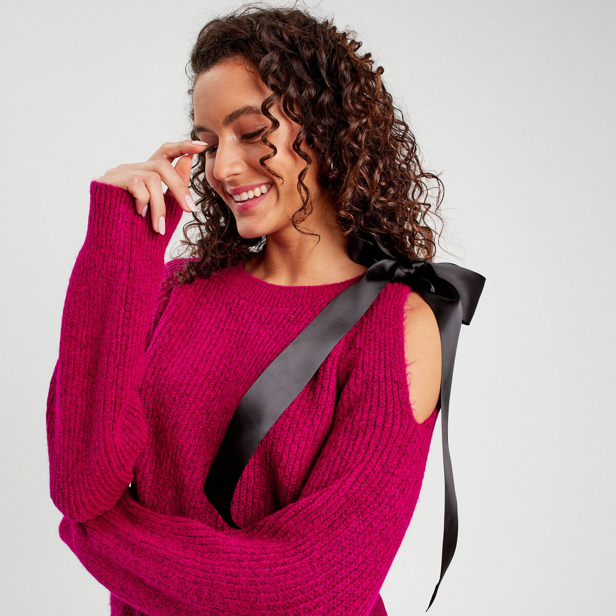 Pull avec noeud rose fushia femme