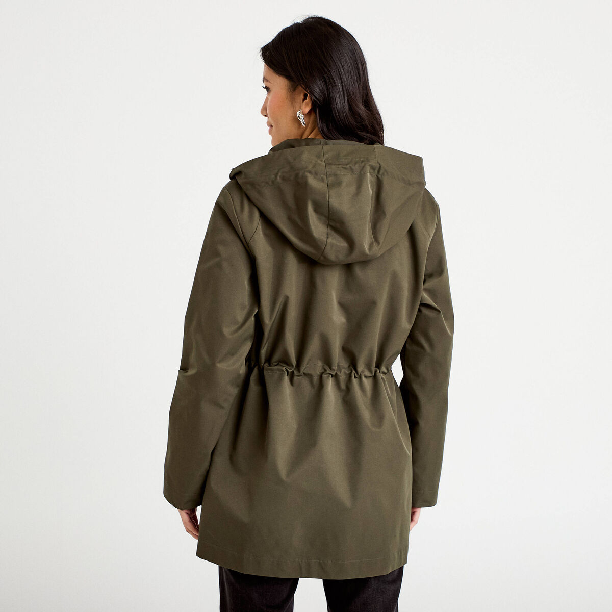 Parka &agrave; capuche taille ajustable vert kaki femme