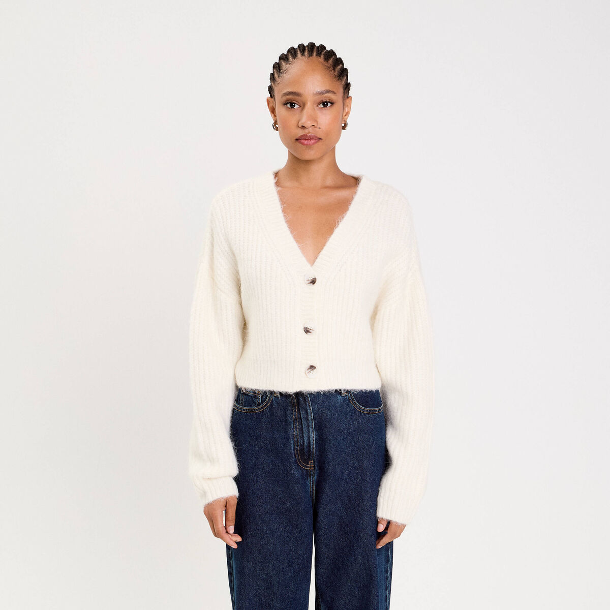 Gilet col v manches longues ecru femme