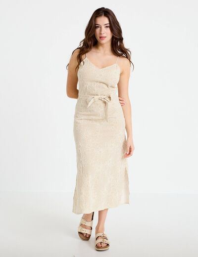 Robe droite 3/4 col v fines bretelles beige moyen femme