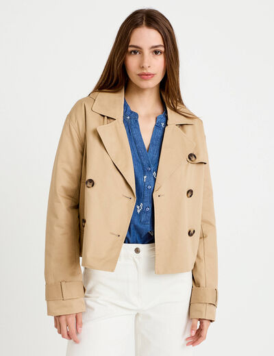 Trench droit court &agrave; capuche amovible beige femme
