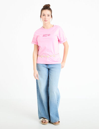 T-shirt col rond manches courtes rose corail femme