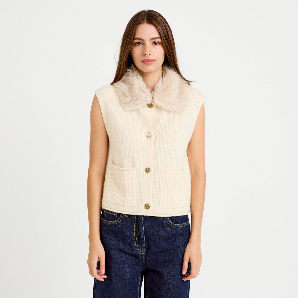 Gilet manches courtes fausse fourrure ecru femme