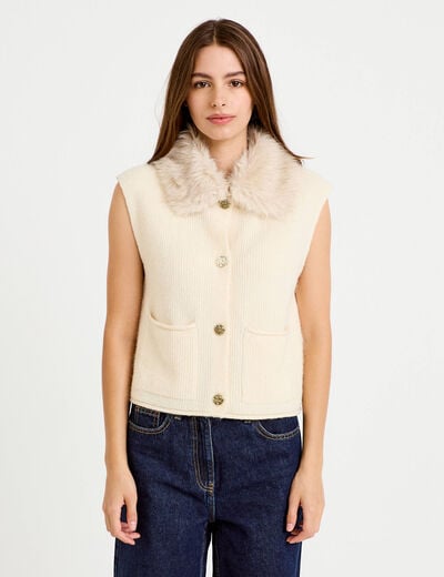 Gilet manches courtes fausse fourrure ecru femme