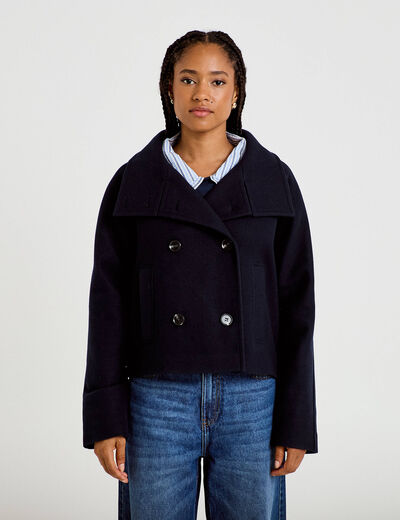 Caban court col montant bleu marine femme