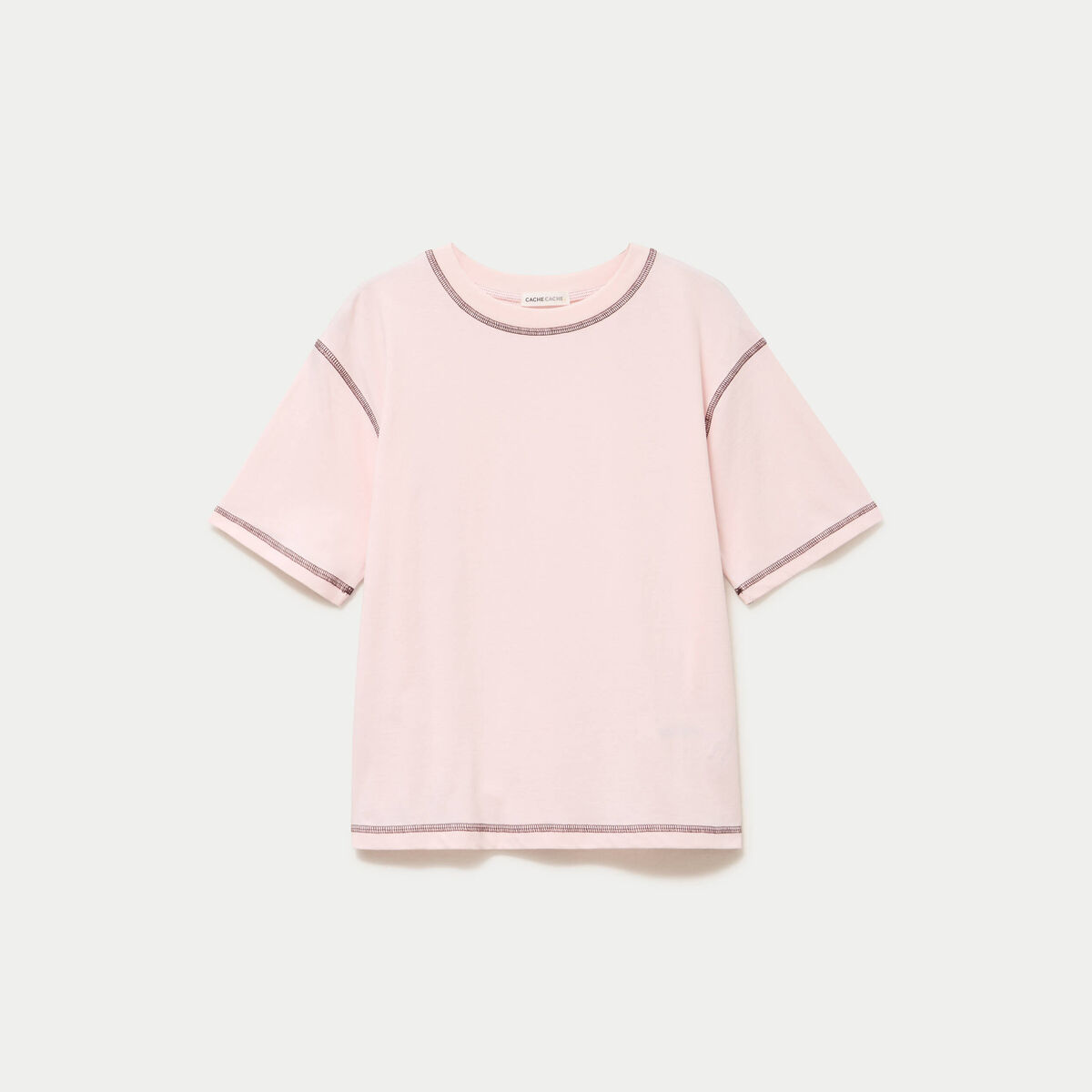 Top col rond manches courtes rose clair femme