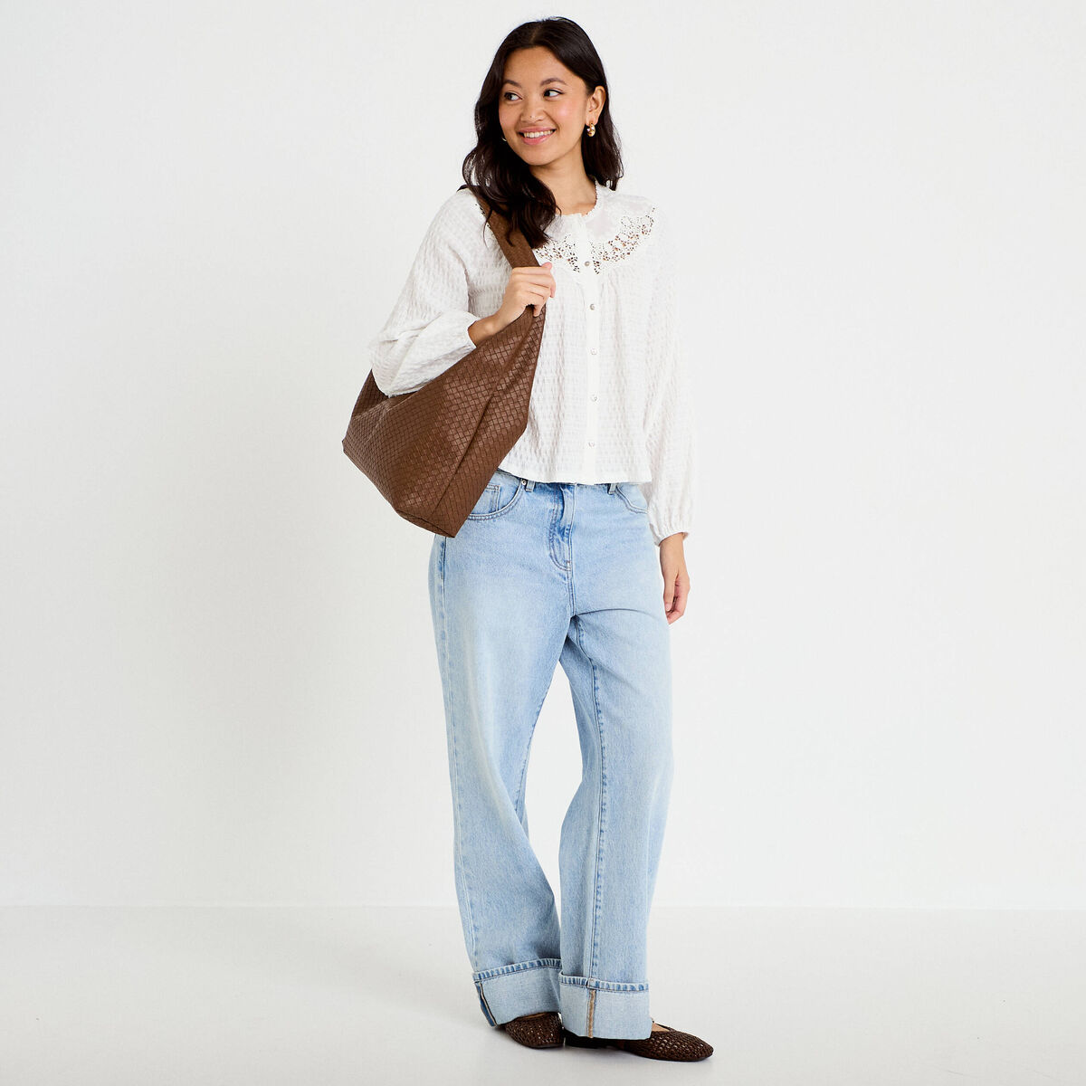 Blouse col rond manches longues ecru femme