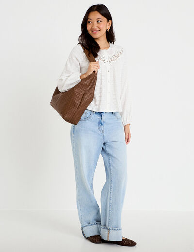 Blouse col rond manches longues ecru femme