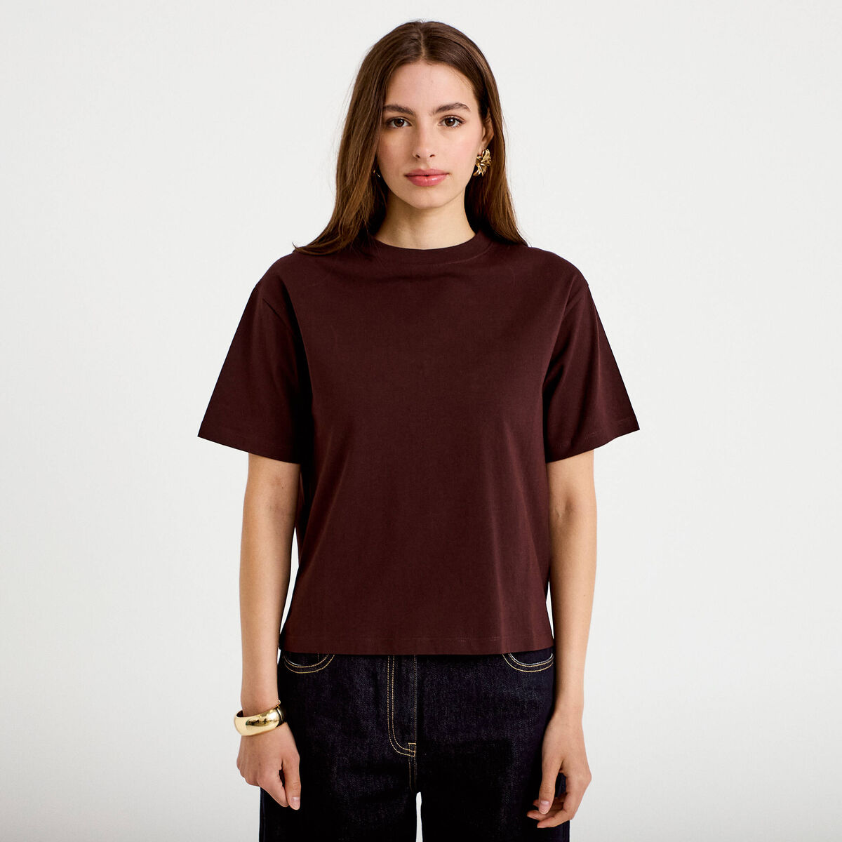 T-shirt col rond manches courtes marron fonc&eacute; femme