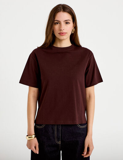 T-shirt col rond manches courtes marron fonc&eacute; femme