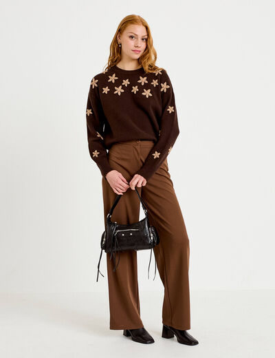 Pull oversize brod&eacute; manches longues marron fonc&eacute; femme