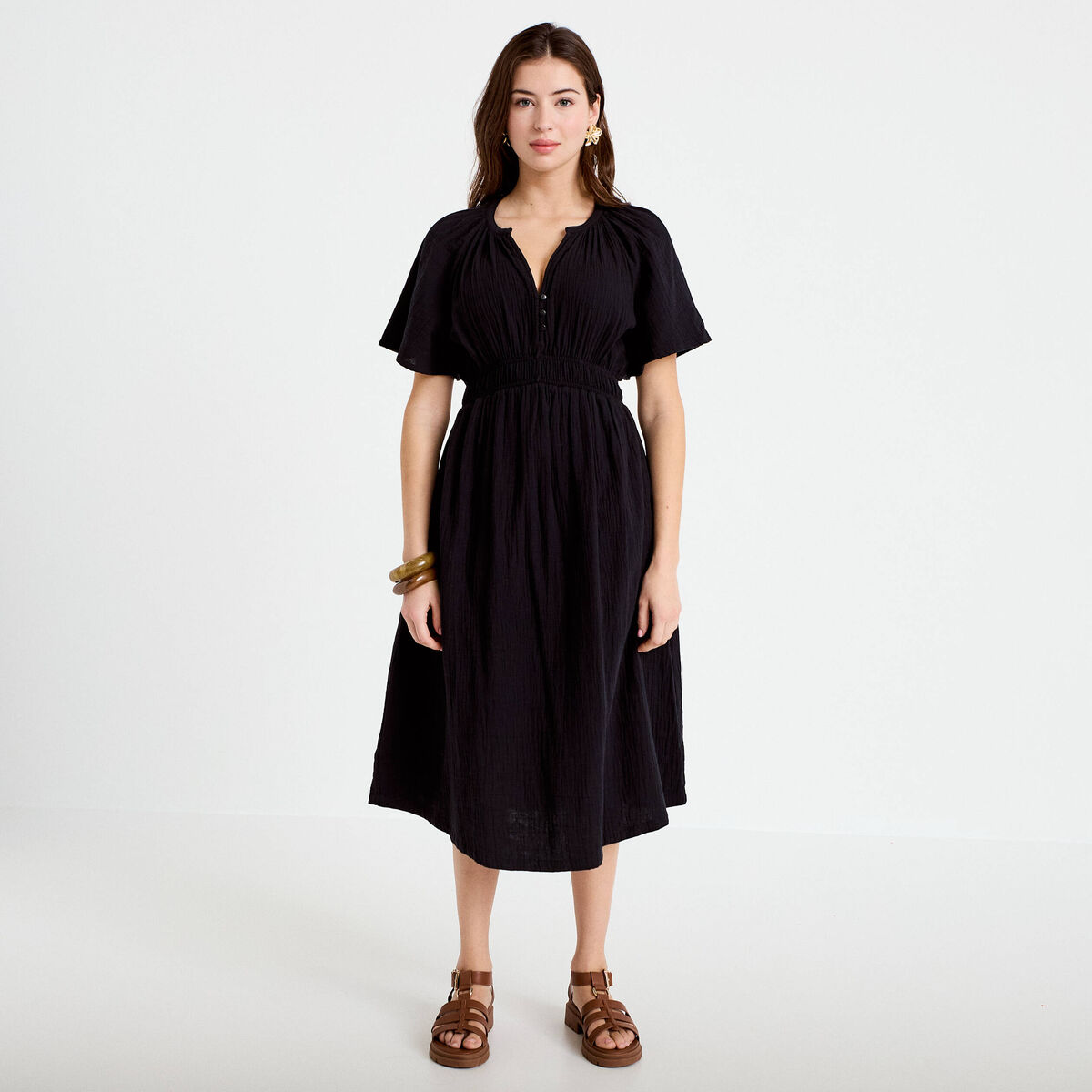 Robe midi pliss&eacute;e col v manches courtes noir femme