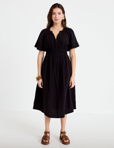 Robe midi pliss&eacute;e col v manches courtes noir femme